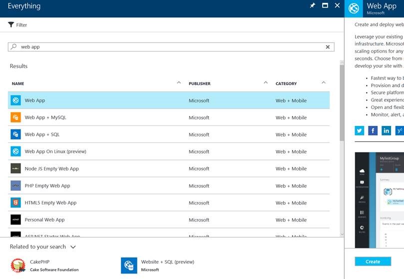 Select a new web app in Azure